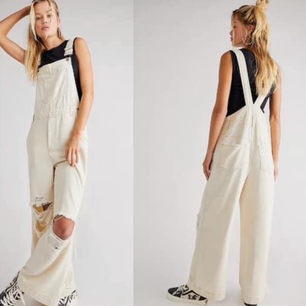 Free People Cream Distressed Wide-Leg Overalls
